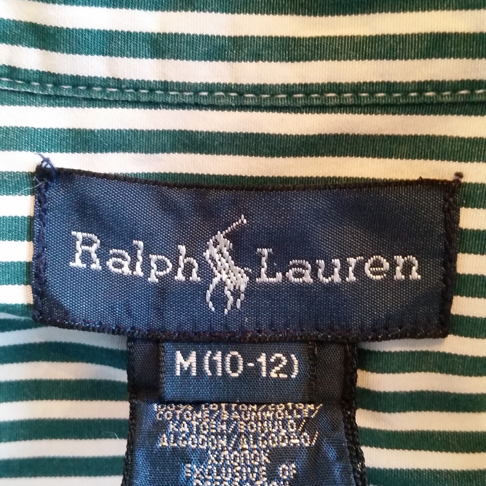 Boys Ralph Lauren dark green & white striped long sleeve dress shirt size 12-14